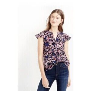 J. CREW 100% Silk Floral Hibiscus Print Flutter Sleeve Blue Pink Top 12P